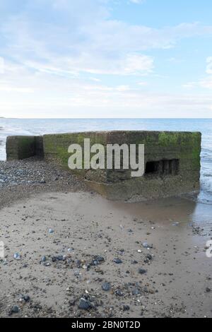 Ein Pillbox aus dem 2. Weltkrieg, der durch Küstenerosion am Hemsby Beach, Norfolk England, ausgesetzt ist. Stockfoto