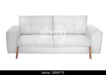 Drei Sitze gemütliche weiße Stoff Sofa isoliert auf weißem Hintergrund Stockfoto