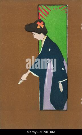 [ 1900er Japan - Illustration einer Japanerin in einem blauen Kimono ] - Illustration einer jungen Japanerin in einem blauen Kimono und lila Hakama. Diese Postkarte wurde zwischen Oktober 1900 (Meiji 33) und März 1907 (Meiji 40) veröffentlicht. Vintage-Postkarte des 20. Jahrhunderts. Stockfoto