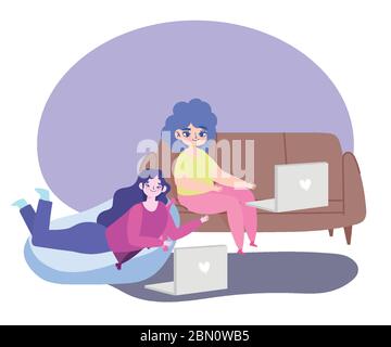 Arbeiten aus der Ferne, junge Frauen mit Laptop auf dem Sofa und Sitzbank Raum Vektor-Illustration Stock Vektor