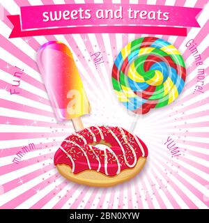 Donut, Eis und Lutscher Vektor Illustration Vintage Banner, Hintergrund. Sommer Süßigkeiten Retro Banner, Poster-Design mit handgezeichneten Text. Zusammenfassung von Stock Vektor