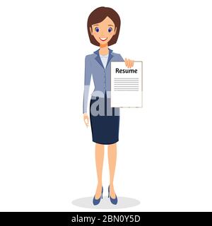 Geschäftsfrau Charakter Vektor. Fröhlich lächelnd Geschäftsfrau Charakter halten Lebenslauf. Konzept der Jobsuche. Frau Business Charakter isoliert auf wh Stock Vektor