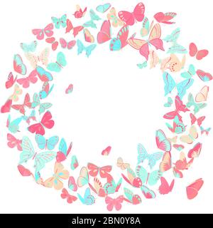 Schmetterling Rahmen Design-Element in rosa und blau. Einfache und elegante Bordüre, Kranz mit Schmetterlingen auf weißem Hintergrund isoliert. Kopierbereich. Perfekt Stock Vektor