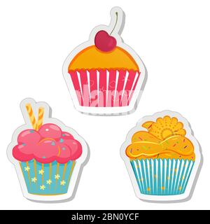 Aufkleber für Lebensmittel. Sammlung von Etiketten von Cupcakes, Muffins mit verschiedenen Belägen in eleganten Pastelltönen. Vorlage für Bäckereidesign. Vektorgrafik Stock Vektor