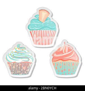 Aufkleber für Lebensmittel. Sammlung von Vektoretiketten von Cupcakes, Muffins mit verschiedenen Belägen. Bäckerei Design-Elemente ideal für Hochzeit Einladung, begrüßen Stock Vektor