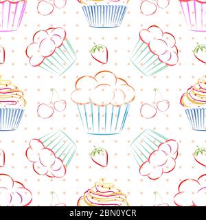 Elegantes Vektor-Nahtloses Muster mit verschiedenen Cupcakes, Erdbeeren und Kirschen. Einzigartige Doodle Stil Linie Zeichnung Lebensmittel Hintergrund mit Dessert sie Stock Vektor