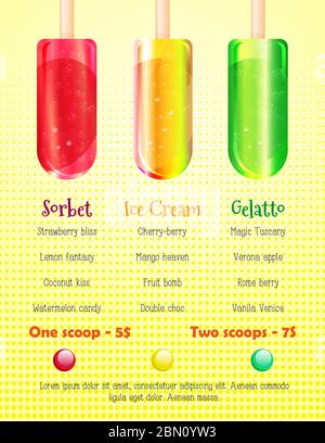 Speisekarten für Eis, Eis und Sorbet. Helle Retro Sommer Menü Abdeckung mit bunten Eis Lollies und Platz für Text Stock Vektor