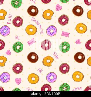 Schöne Vektor nahtlose Muster mit bunten Donuts mit verschiedenen Verglasung und Streuseln. Nahtlose Vektor Lebensmittel Hintergrund. Abstrakt Vintage Food BA Stock Vektor