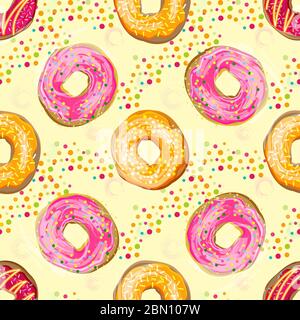 Abktrakt Vektor nahtlose Futter Muster mit bunten Donuts mit verschiedenen Verglasung und Streuseln. Nahtlose Vektor Lebensmittel Hintergrund. Abstraktes Vintage Foo Stock Vektor