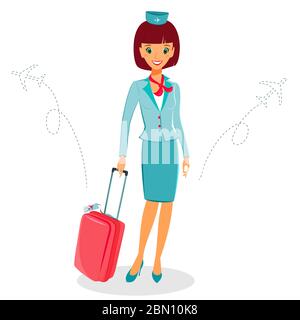 Fröhlich Cartoon Flugbegleiter in blau und rot Uniform mit Koffer, Vektor-Illustration professionellen Beruf Charakter. Isoliert auf weißem Rücken Stock Vektor