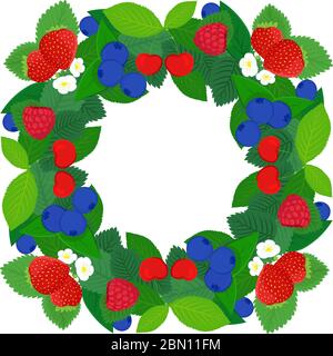 Rahmendesign mit Erdbeeren, Kirschen, Heidelbeeren und Himbeeren und Blüten isoliert auf weißem Hintergrund. Berry Vektorrahmen, Kranz Design mit Stock Vektor