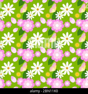 Florales nahtloses Vektormuster mit Schmetterlingen, Kamillen, Gänseblümchen, Löwenzahn und Blättern. Helle Frühling nahtlose Vektor-Hintergrund mit Blumen und Stock Vektor