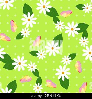 Florales nahtloses Vektormuster mit Schmetterlingen, Kamillen und Blättern. Helle Frühling nahtlose Vektor-Hintergrund mit Blumen und Schmetterlingen Stock Vektor