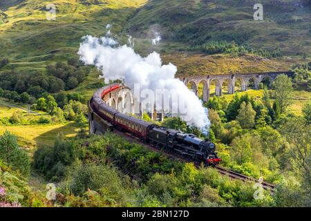 Jacobite Steam Train (AKA der Hogwarts Express) ist eine der weltweit großen Bahnfahrten auf der West Highland Line in Schottland zwischen Stockfoto