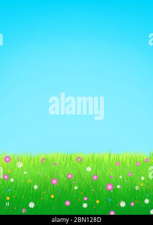 Sommer, Frühling Vektor Illustration mit üppigen Wiese mit bunten Blumen und klaren blauen Himmel. Ideal für Grußkarten, Web-Banner, Sommer-Sale Stock Vektor
