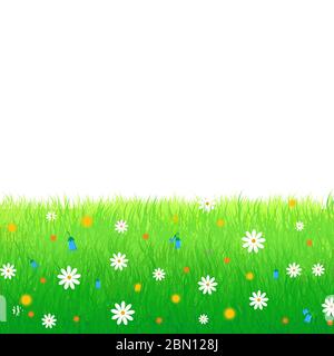 Sommer, Frühling Vektor-Illustration mit üppigen Wiese mit bunten Blumen isoliert auf weißem Hintergrund. Ideal für Grußkarten, Web-Banner, su Stock Vektor