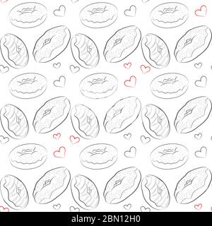 Schöne Vektor-Nahtloses Muster mit verschiedenen Kontur Donuts und roten Herzen als Akzent. Nahtlose Vektor Lebensmittel Hintergrund. Abstrakt Vintage Food BA Stock Vektor