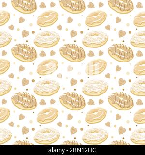 Schöne Vektor nahtlose Muster mit verschiedenen Donuts. Nahtlose Vektor Lebensmittel Hintergrund im Vintage-Stil. Abstrakt vintage goldene Sepia Lebensmittel backgrou Stock Vektor
