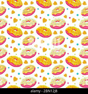 Schöne Vektor nahtlose Muster mit hellen surrealistischen Donuts. Nahtlose Vektor-Lebensmittel Hintergrund in Pop-Art-Stil. Abstrakt helle Lebensmittel Hintergrund w Stock Vektor