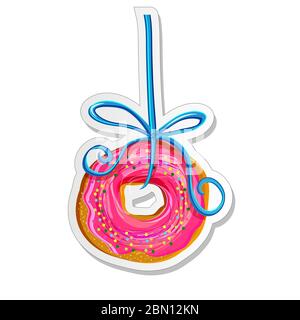 Lebensmitteletikett oder Aufkleber Donut auf einem Band. Cartoon Donut Bagel Süßigkeiten spielerisch hängen an einem Band, Bäckerei Design Aufkleber Vorlage. Vektorgrafik Stock Vektor