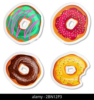 Aufkleber oder Aufkleber für Lebensmittel. Set von Cartoon Donuts, Bagels - Bäckerei Design-Vorlage. Vektor-Illustration Vorlage auf weißem Hintergrund isoliert Stock Vektor