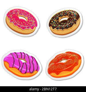 Aufkleber oder Aufkleber für Lebensmittel. Set von realistischen Donuts, Bagels mit verschiedenen Belägen Bäckerei Design-Vorlage. Vektor-Illustration-Vorlage isoliert auf wh Stock Vektor