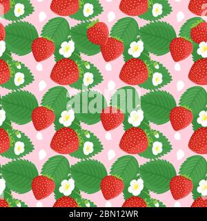 Nahtloses Muster-Design mit Erdbeeren, Blättern und Blumen. Strawberry Vektor nahtlose Muster drucken Stock Vektor
