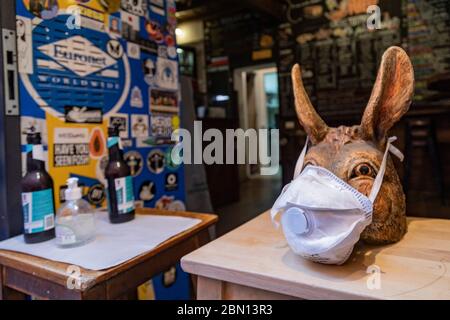 Rom, Italien. Mai 2020. Der Kopf eines gefälschten Esels mit Schutzmaske in einem Restaurant in Trastevere, Rom. (Foto: Davide Fracassi/Pacific Press) Quelle: Pacific Press Agency/Alamy Live News Stockfoto