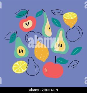 Set von Früchten Äpfel, Birnen, Zitronen, Hälften, Broschüren auf blauem Hintergrund in Vektorgrafiken. Zum Bedrucken von Kissen, Geschirr, Geschenkpapier, Bezügen Stock Vektor