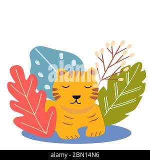 Das Bild eines niedlichen Cartoon Tiger Junge auf einem Hintergrund aus blauen, roten, grünen Blättern. Vektorgrafiken für die Gestaltung von Postkarten, Drucke auf Kissen Stock Vektor