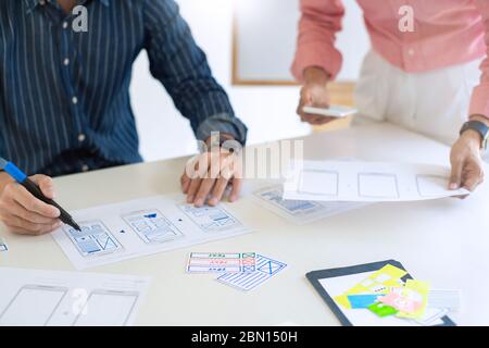 Grafikdesigner Team arbeitet mit UX UI Designer Planung Anwendung Vorlage Layout Handy Prototyp, User Experience Konzept. Stockfoto