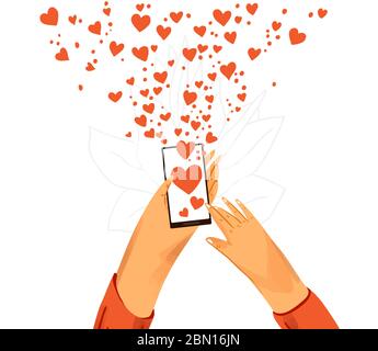 Hand mit Telefon Vektor Cartoon Illustration. Smartphone mit Messenger, Online-Chat, Like, Nachrichtenschilder, Icons und soziales Engagement. Alles gute freundlich Stock Vektor