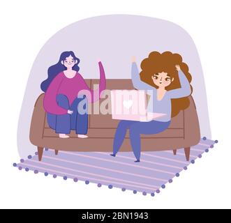 Arbeiten aus der Ferne, junge Frauen mit Laptop sitzen auf Sofa Möbel Vektor Illustration Stock Vektor