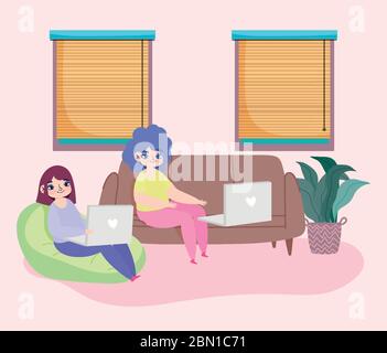 Arbeiten entfernt, junge Frauen auf Sofa Sitzbank mit Laptop im Zimmer Vektor-Illustration Stock Vektor
