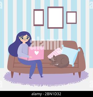 Arbeiten aus der Ferne, junge Frau auf dem Sofa mit Laptop und Katze Zimmer Vektor-Illustration sitzen Stock Vektor