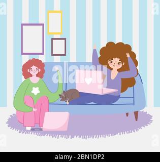Arbeiten aus der Ferne, junge Frauen sitzen auf Sofa und Boden mit Laptop und Katze Vektor Illustration Stock Vektor