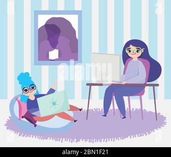 Arbeiten aus der Ferne, junge Frauen mit Laptop und Computer in Schreibtisch Vektor Illustration Stock Vektor