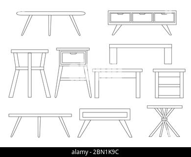 Set von Tabelle skizzieren Sammlung Holzmöbel flache Vektor-Illustration isoliert auf weißem Hintergrund Stock Vektor