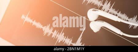Podcast-Aufnahme. Ohrhörer und Soundtrack. Grau monochrom Stockfoto