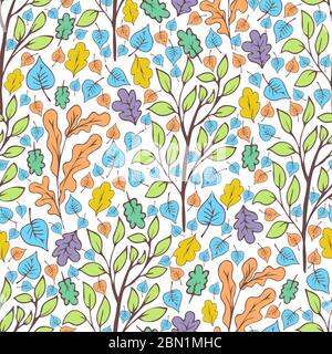 Baum Laub, Äste und Blätter nahtlose Muster, Doodle Cartoon gezeichnet exotischen natürlichen Hintergrund, Hand Zeichnung. Bunt Herbst, Frühling und Sum Stock Vektor