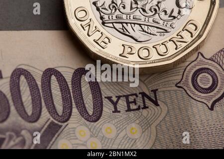 Britische Pfund-Münze und japanischer Yen-Handelskreis Stockfoto