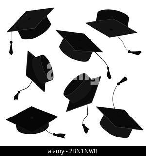 Graduate Caps in der Luft. Vektor-Cartoon-Illustration von Grad Hüte in verschiedenen Positionen isoliert auf weißem Hintergrund Stock Vektor