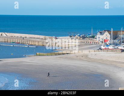 Lyme Regis, Dorset, Großbritannien. Mai 2020. UK Wetter: Ein heller, sonniger und etwas kühler Start in den Tag bei Lyme Regis. Der Strand ist am 50. Tag der Sperrung der Coronavirus-Pandemie fast leer. Die staatlichen Beschränkungen sollen ab Mittwoch in ganz England gelockert werden, so dass die Menschen mehr Freiheit haben, Strände und Schönheiten zu genießen, da der hohe Druck sonniges Wetter und wärmere Bedingungen im Laufe dieser Woche bringt. Kredit: Celia McMahon/Alamy Live News Stockfoto