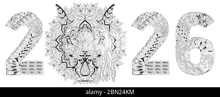 Handgezeichnetes zentangle Pferd Nummer 2026 zum Färben, für T-Shirt und andere Dekorationen Stock Vektor