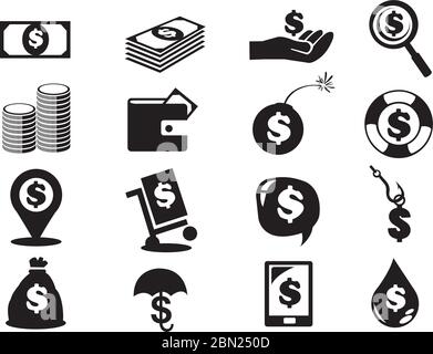 Vektorgrafik von Dollar-Banknoten und Münzen Symbol gesetzt Stock Vektor