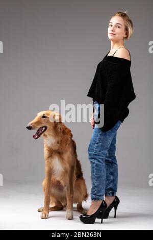 Barsoi mit Mädchen drinnen auf weißem Hintergrund im Studio, russischer Windhund Stockfoto