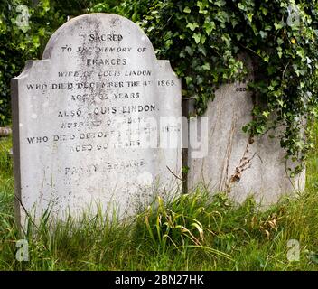 Grabstein von Fanny Brawne (Frances Lindon), Muse und Verlobte von John Keats, auf dem Brompton Cemetery, Kensington, London. Stockfoto