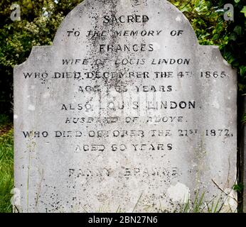 Grabstein von Fanny Brawne (Frances Lindon), Muse und Verlobte von John Keats, auf dem Brompton Cemetery, Kensington, London. Stockfoto