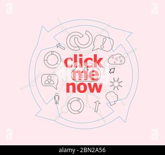 Text klicken Sie jetzt auf mich. Webdesign Konzept. Flacher linearer Infografik-Umriss Stockfoto