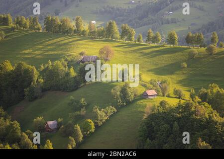 Sommersonnenaufgang im siebenbürgischen Dorf. Luftnebellandschaft in Siebenbürgen, bei Sonnenaufgang Stockfoto